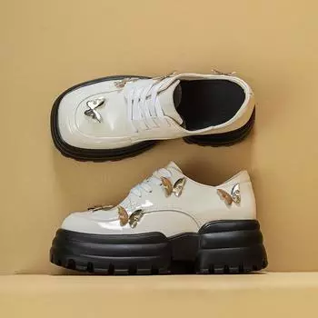 2024new Butterfly Square Toe Small Leather Shoes Thick Bottom Elevated Increase 2024new Fashion Casual Women Shoes Autumntime 34 чёрный
