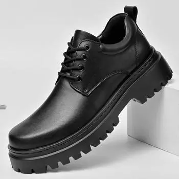 2024New Genuine Leather Men Business Shoes Leisure Thick Bottom Designer Dress Shoes Classic Comfy Antiskid Lace-Up Tooling Shoe 38 чёрный