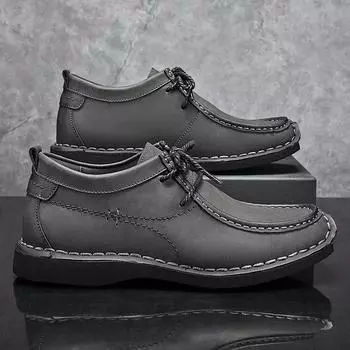 2024New Genuine Leather Men Shoes High Quality Casual Leather Business Dress Shoes Brand Flats Comfortable Lace up Outdoor Shoes 38 чёрный