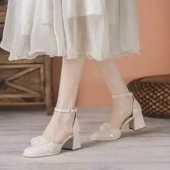 2024new Soft Sole High Heeled Sandals Female Fashion Casual Simple All-match Solid Color Thick Heel Women Sandals Summertime 34 абрикосовый