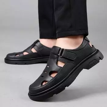 2024Новые летние высококачественные мужские сандалии из полой кожи, пляжные сандалии для отдыха на открытом воздухе, мужская мягкая кожаная повседневная обувь, очень большой размер 37-48 37 чёрный