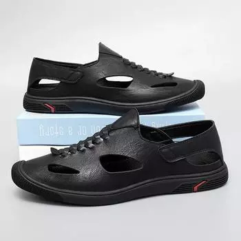 2024New Summer Men Soft Sole Sandals Casual Leather Men Anti Slip Hollow Out Flat Designer Sandals Casual Anti-slip Outdoor Shoe 39 чёрный