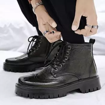 2024Новые толстые ботильоны на толстой подошве, мужские повседневные кожаные ботинки, высокие противоскользящие дышащие мотоциклетные ботинки, водонепроницаемые ботинки для отдыха на открытом воздухе 38 чёрный