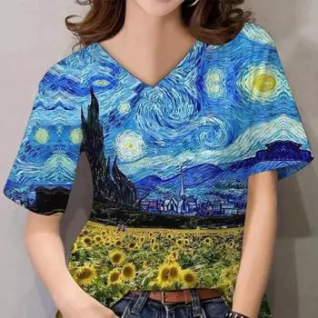 2024newsummer женская футболка 3D принт картины Ван Гога топы с V-образным вырезом Starry Sky Harajuku с короткими рукавами модные свободные женские топы S
