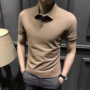 2024Новая рубашка-поло из ледяного шелка, мужская летняя деловая мужская рубашка-поло с короткими рукавами с лацканами, высококачественный тонкий мужской топ с короткими рукавами M чёрный