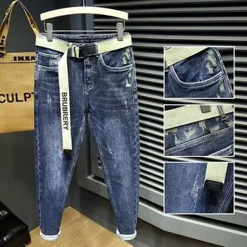 2024Новинка Осень и зима Брюки Мужские джинсы Мужские облегающие мужские зауженные брюки Зимние плюс бархатные осенне-зимние мужские 28 синий