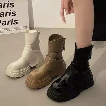 2024Новые модные женские ботильоны с круглым носком и толстой подошвой, удобные повседневные короткие ботинки на платформе и толстом каблуке, увеличивающие рост 35 бежевый
