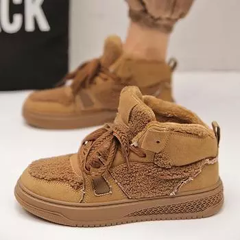 2024Новые повседневные плюшевые теплые туфли на плоской подошве со шнуровкой, зимние плюшевые меховые теплые туфли на меху для мужчин, зимняя обувь для прогулок на открытом воздухе, размер 44 39 хаки