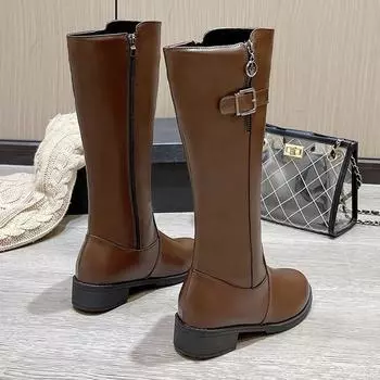 2024Новые зимние женские сапоги для верховой езды до колена, кожаные туфли на платформе, женские длинные сапоги, офисная женская обувь Botas 35 хаки