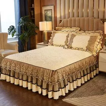 2024Новый кружевной бархатный покрывало для кровати Queen Full King с поверхностным стеганым покрывалом на резинке Мягкий теплый европейский комплект из 3 предметов 150x200cm