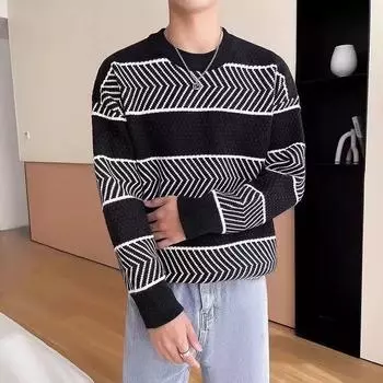 2024Осенне-зимний модный мужской новый повседневный полосатый свитер с длинными рукавами соответствующего цвета M белый