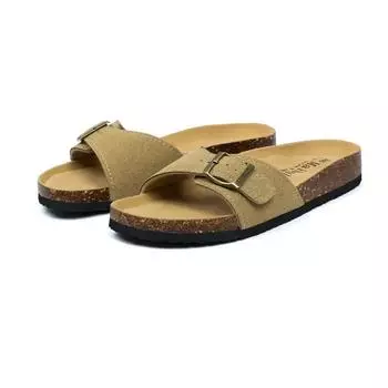 2024Плоские пробковые тапочки Сандалии с одной пряжкой для мужчин и женщин Повседневные пляжные нескользящие наружные шлепанцы из нубука из кожи 35 светло-коричневого