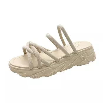 2024Сандалии женские летние с квадратным носком и ремешком на щиколотке на платформе и танкетке, женские туфли повседневные нескользящие римские гладиаторы женские 35 бежевый