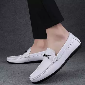 2024Spring Loafers Men Handmade Leather Shoes Casual Driving Flats Slip-on Shoe Moccasins Boat Shoes Black/White Plus Size 37-46 37 белый