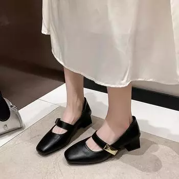 2024Spring New Plus Size Women s Single Shoes Block Heel Mid Heel Mary Jane Shoes Metal Buckle Heels Zapatos De Mujer 35 чёрный