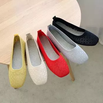 2024Stretch Knit Fabric Shoes Hollow Fabric Ballet Flats Patchwork New Women Flat Heel Anti Skid Breathable Loafer Female 35 бежевый