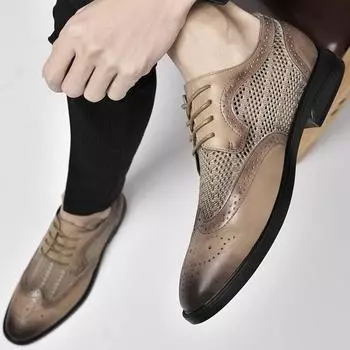 2024Summer Men Bullock Mesh Casual Breathable Leather Shoes Mens Wedding Shoe Khaki/Black/Grey Oxfords Mesh Wear-Resistant Shoes 38 серый