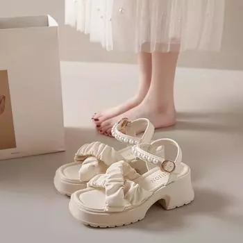 2024Summer New Open Toe Pearl Button Strap Thick Sole Waterproof Platform Sandals for Women Thick Sole Shoes for Women s 35 бежевый