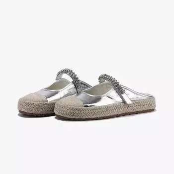 2024summer new women s canvas shoes silver sequined mules round toe thick-soled sandals women s slip-on flat beach shoes 35 серебряный