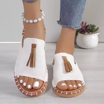 2024Women s Casual Beach Holiday Slippers Summer New Fashion Fringe Outdoor Flat Shoes Open Toe Sandals 36 бежевый