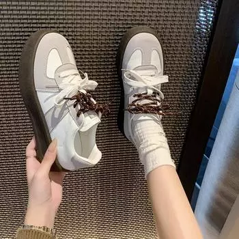 2024Women s Fashionable Sports Shoes Lightweight Shock-absorbing Anti-slip Thick-soled Casual PU Stitching Couple s Sports Shoes 35 бежевый