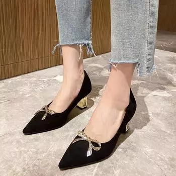 2024Women s High Heels Fashion Pointy Thick Heels Sexy Summer Women s Dress Shoes Bow Thin High Heels Party Shoes Women Shoes 34 чёрный