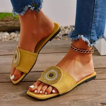 2024Women s Summer New Fashion Round Head Anti Slip Flat Bottom Women s Sandals Outdoor Open Toe Leisure Resort Beach Flip Flops 36 жёлтый