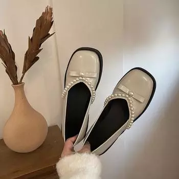 2024Женская обувь 2024 года Новые модные туфли в британском стиле в стиле ретро Туфли без застежек Туфли без застежек из кожи Интернет-популярные повседневные туфли с жемчугом 35