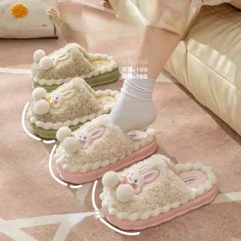 2024Зимние домашние хлопковые тапочки, новые женские мультяшные плюшевые домашние теплые милые кролики, нескользящие прочные парные мокасины, хлопковая обувь 44-45 серый