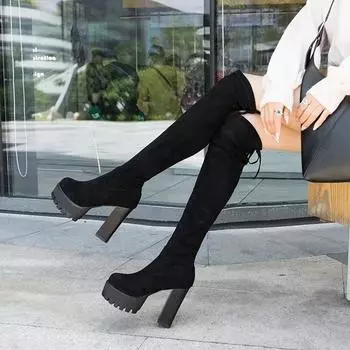 2024Зимние сексуальные сапоги Tight Knight Suede Round Toe Combat для женщин, теплые, без застежек, выше колена, Botines De Mujer, черные, длинные Botas 36