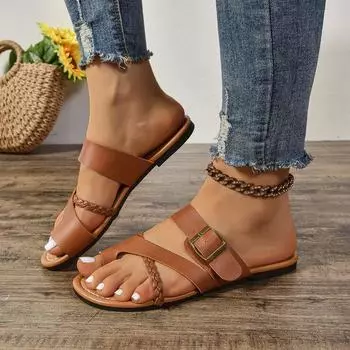 20252025 spring and summer new flat-bottomed buckle with cool slippers for women to wear European and American large-size round-head women s slippers 36 белый