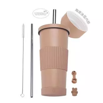 2025710Ml Stainless Steel Straw Cup Female Ceramic Liner Milk Tea Cup Non-Slip Portable Straw Thermos Cup 710ml хаки