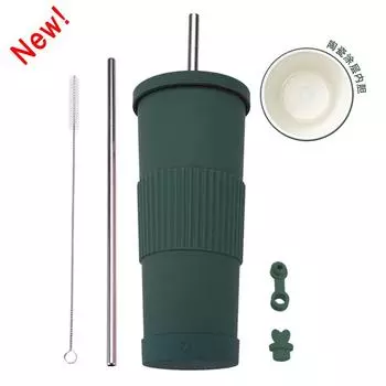 2025830 мл Кружка для молочного чая с керамической подкладкой, Нескользящая, Портативная, Соломинка, Термокружка, Кружка-соломинка из нержавеющей стали 830ml мох зеленого