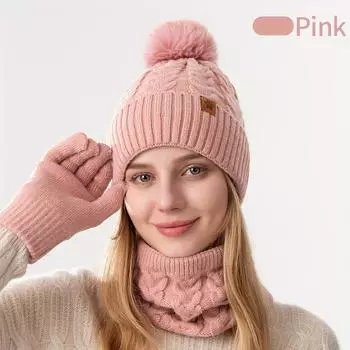 2025 1 set of autumn and winter wheat ear print ball hat, neck scarf, and touch screen gloves, keep warm, suitable for daily life and work use One-size