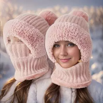 2025 1 шт. Розовая шапка на флисовой подкладке с ушами - Ветрозащитная, теплая зимняя шапка для велоспорта и спорта на открытом воздухе, регулируемый гейтор для шеи, мягкая и дышащая