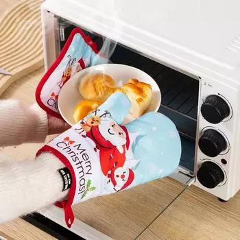 2025 1pair Christmas Microwave Mitts Thick Household Kitchen Microwave Oven Gloves Heat Insulation Oven Gloves Baking Heat
