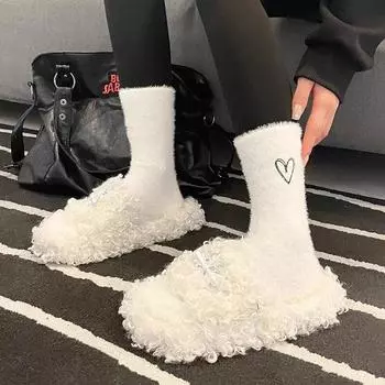 2025 1Pairs Lovely Cozy Hairy Mink Velvet Socks Autumn Winter Hosiery Thickened Plush Warm Sleep Home Fluffy White Heart-shaped Socks