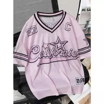 2025 23 Женская рубашка в полоску с V-образным вырезом, летняя трендовая уличная футболка с коротким рукавом в стиле Харадзюку XS