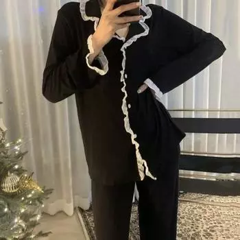 2025 2 шт./комплект осень-зима женская пижама костюм с оборками отложной воротник однобортный длинный рукав кардиган топ широкие брюки пижамы повседневная домашняя одежда M чёрный