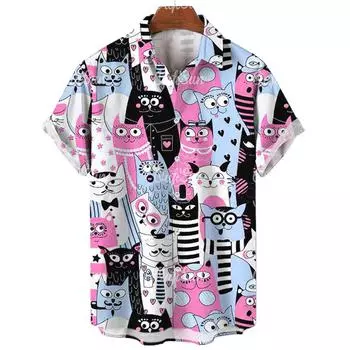 2025 3d лацкан гавайская рубашка мужская повседневная с коротким рукавом аниме рубашки мультфильм мужская рубашка летняя мужская одежда уличная ретро животное кошка S