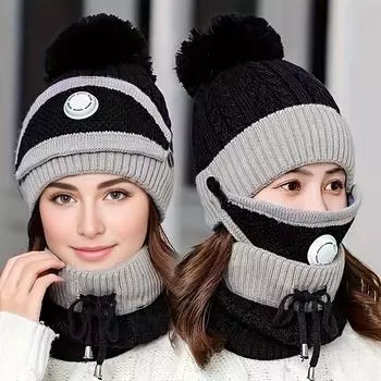 2025 3PCS Mask Hat Scarf Women s Autumn and Winter Beanie Thickened Fleece Warm Ear Protection Cap Set with Extra Fluff