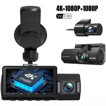2025 4K Dash Cam GPS WiFi UHD 3840*2160P Автомобильный видеорегистратор для камер видеонаблюдения автомобиля Ночное видение Видеорегистраторы Видеорегистратор 24H Парковочный монитор 3 DVR+WiFi+GPS