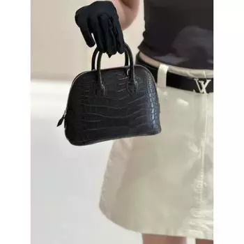 2025 Advanced Crocodile Pattern Натуральная кожа Ретро женская сумка Head Layer коровья кожа Мини Bowling Shell Сумка Crossbody 18-9-14cm синий