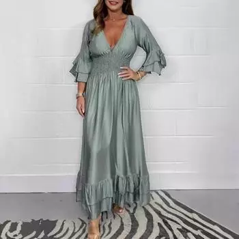 2025 Amazon Independent Station Women s Fashion Style Solid Color V-neck Lotus Leaf Dress S