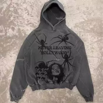 2025 American Streetwear Ins Hoodie Осень и зима Плюс Бархат Ретро Y2K Готический Стиль Паук Принт Супер Толстовка S белый