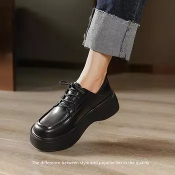 2025 autumn and winter big round head muffin sole single shoes leather lace-up black college style poetry small leather shoes women 34