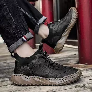 2025 autumn and winter foreign trade new casual fashion Korean version comfortable hand-stitched genuine leather men s shoes 38 серый