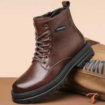 2025 autumn and winter high-top Martin boots men s zipper brown retro casual leather shoes men s height-increasing tooling men s shoes short boots 38 чёрный