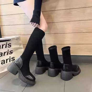 2025 autumn and winter medium tube tall boots black socks boots small new thick-soled heightening elastic thin boots women 35