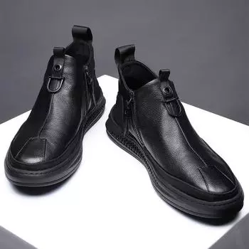 2025 autumn and winter new casual leather shoes men s fashion versatile thick-soled foot cover side zipper velvet small short boots 38